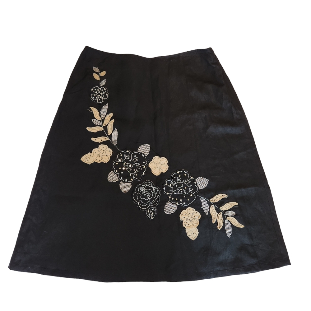 Ann Trinity NWT A-line Black Linen Blend Skirt with Floral Embroidery sz 12